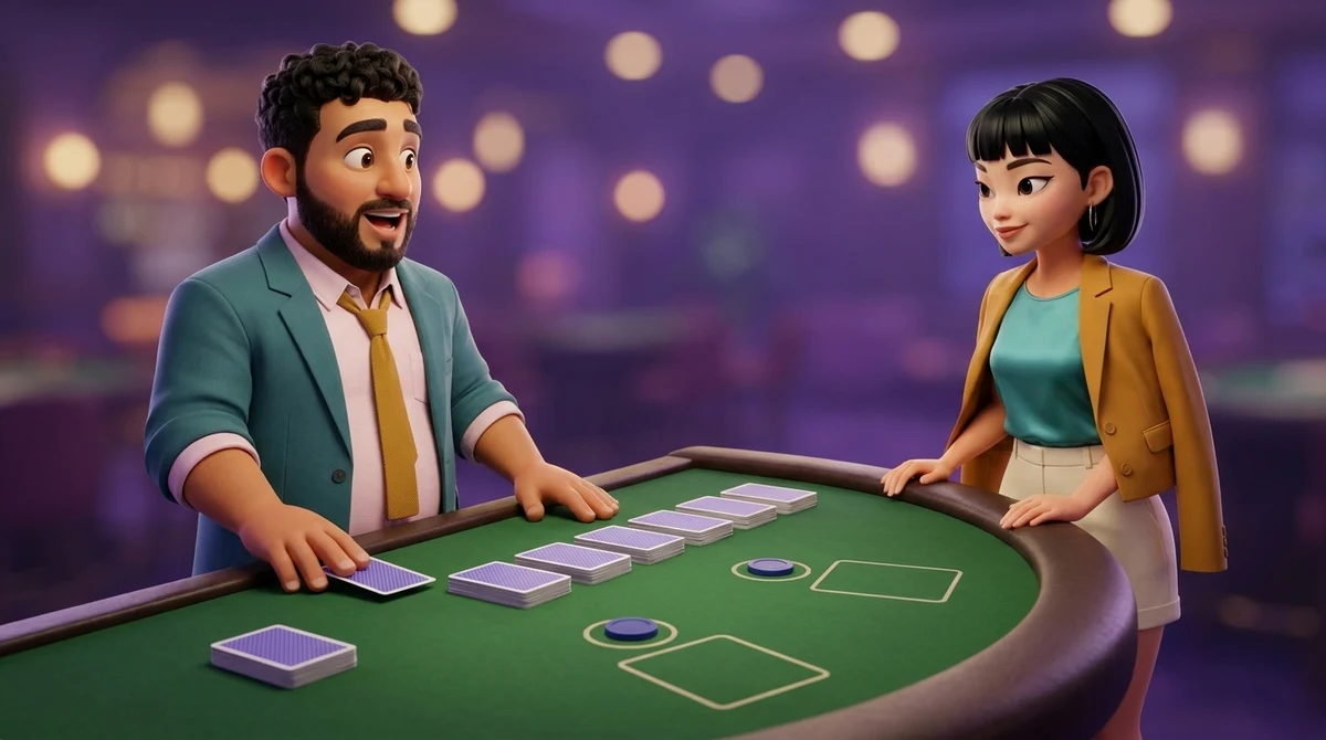 Leo, in the dealer’s place, rests his fingertips on the end stack of a row of small face-down stacks of cards, pushed slightly forward to mark the first hand, while Maya watches from the rail, one chip in the circle in front of her and two empty boxes beyond it.