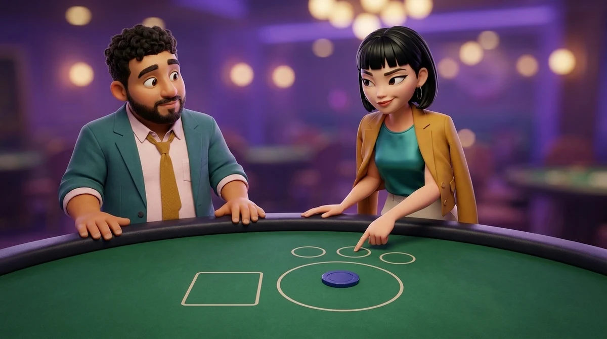 Maya points out two small empty side circles beyond the chip in front of her seat at a card table, no cards dealt yet, while Leo listens from the rail beside her.