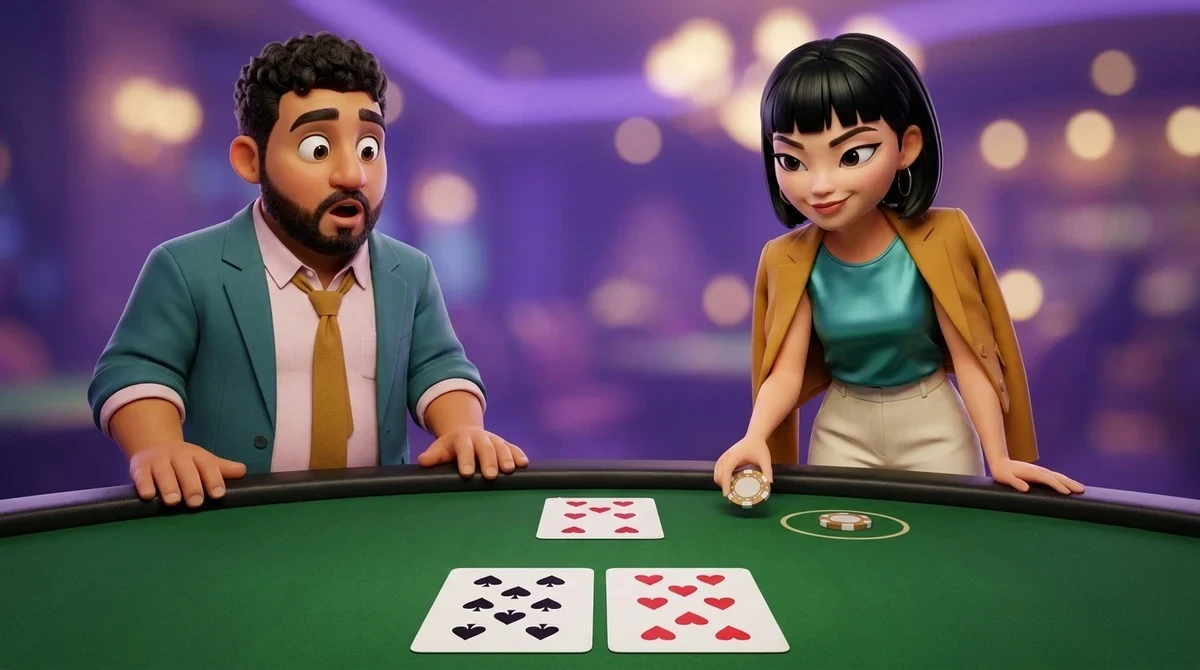 Maya holds a second chip over the bare felt beside the betting circle where a chip already lies, while Leo watches from the rail; a pair of eights lies face up in front of the seat with the dealer’s seven across from it.