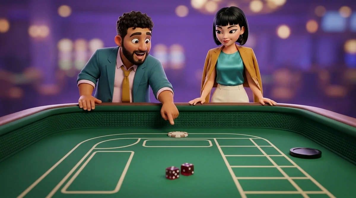 Leo points at a single chip alone in the long strip along the rail of a craps layout, the rest of it bare, while Maya rests both hands on the rail beside him; a plain black puck lies by the empty row of boxes.