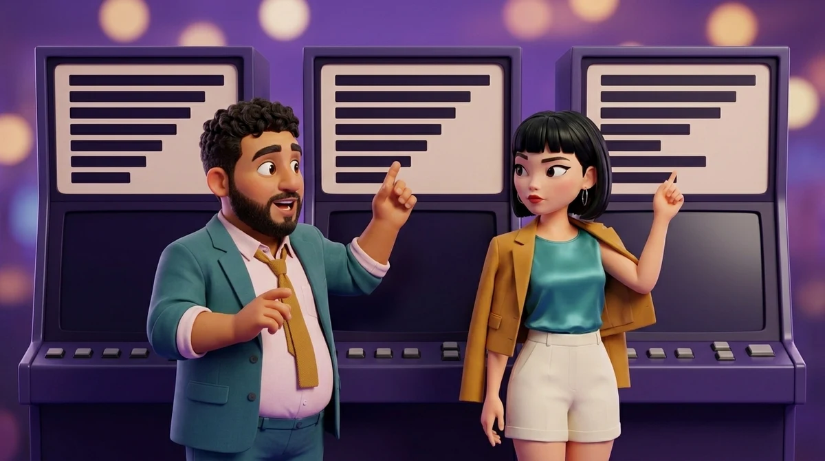 Leo and Maya stand in front of three identical video poker machines in a row with their screens switched off, each touching the same row of the pay panel on the machine before them, panels of plain bars that differ only in two rows, while the middle machine stands untouched between them.