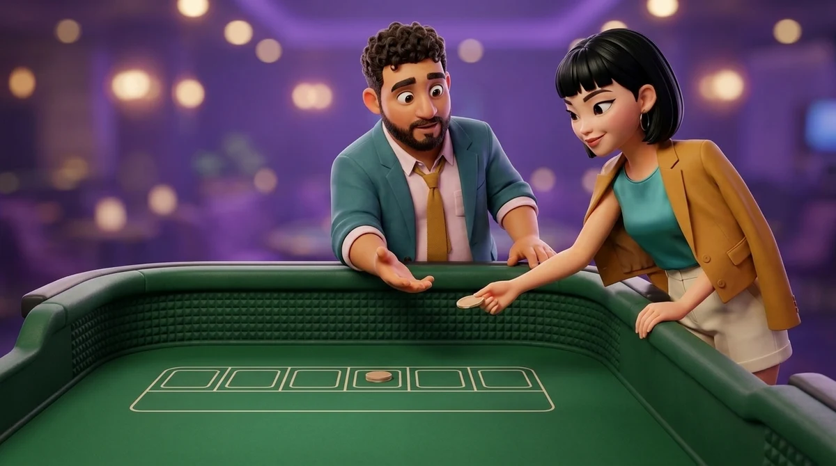 Maya hands a single chip low across the felt to Leo, who reaches for it from the dealer’s place behind a row of six empty boxes, one of which already holds a chip.