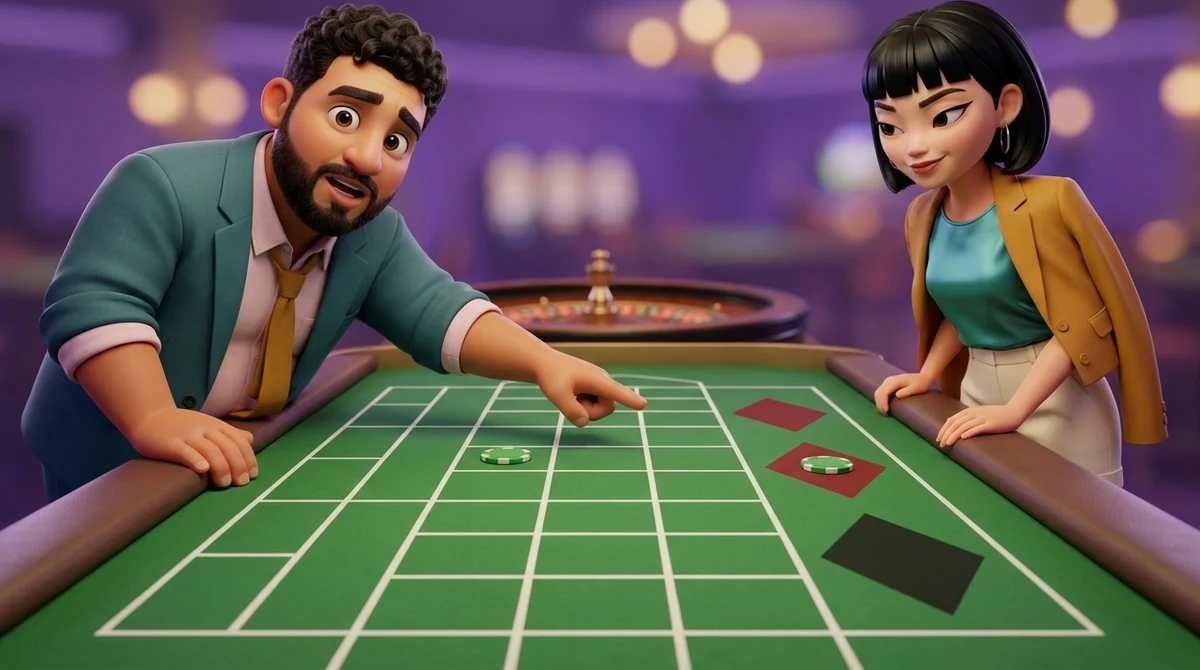 Leo points into the gap between two identical chips on a roulette layout, one on a blank grid cell and one on a solid red field, while Maya watches them from the rail opposite.