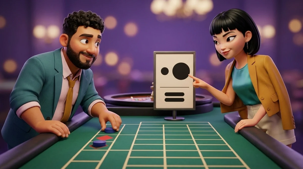 Two chips lie side by side on the red box of a roulette layout, Leo’s fingertips still on the second, while Maya touches the larger of two circles on a small limit sign standing on the table and raises an eyebrow at him.