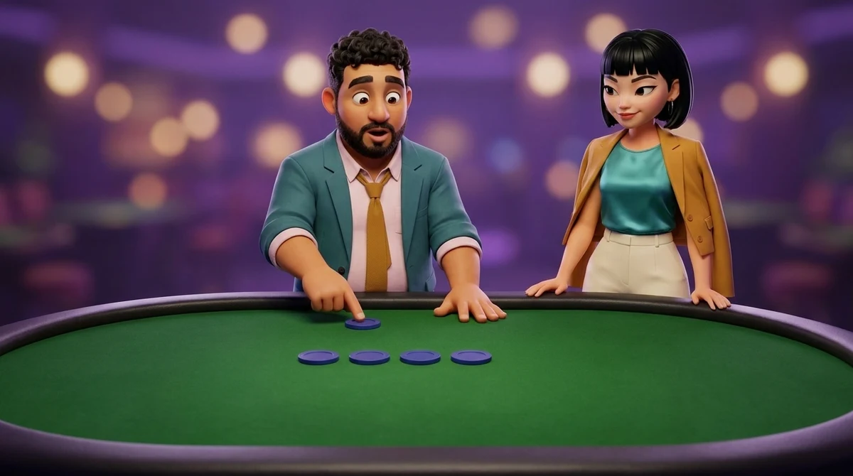 Leo, in the dealer’s place behind a poker table, draws a single chip aside from a row of four in the middle of the felt, his fingertip still on it, while Maya watches from the rail with a knowing half-smile.