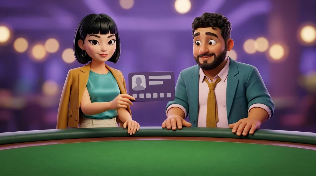 Maya holds out a plain violet card with a faceless grey silhouette, two short bars and a row of small squares on it, and Leo stands at the rail beside her; the felt beyond is bare.