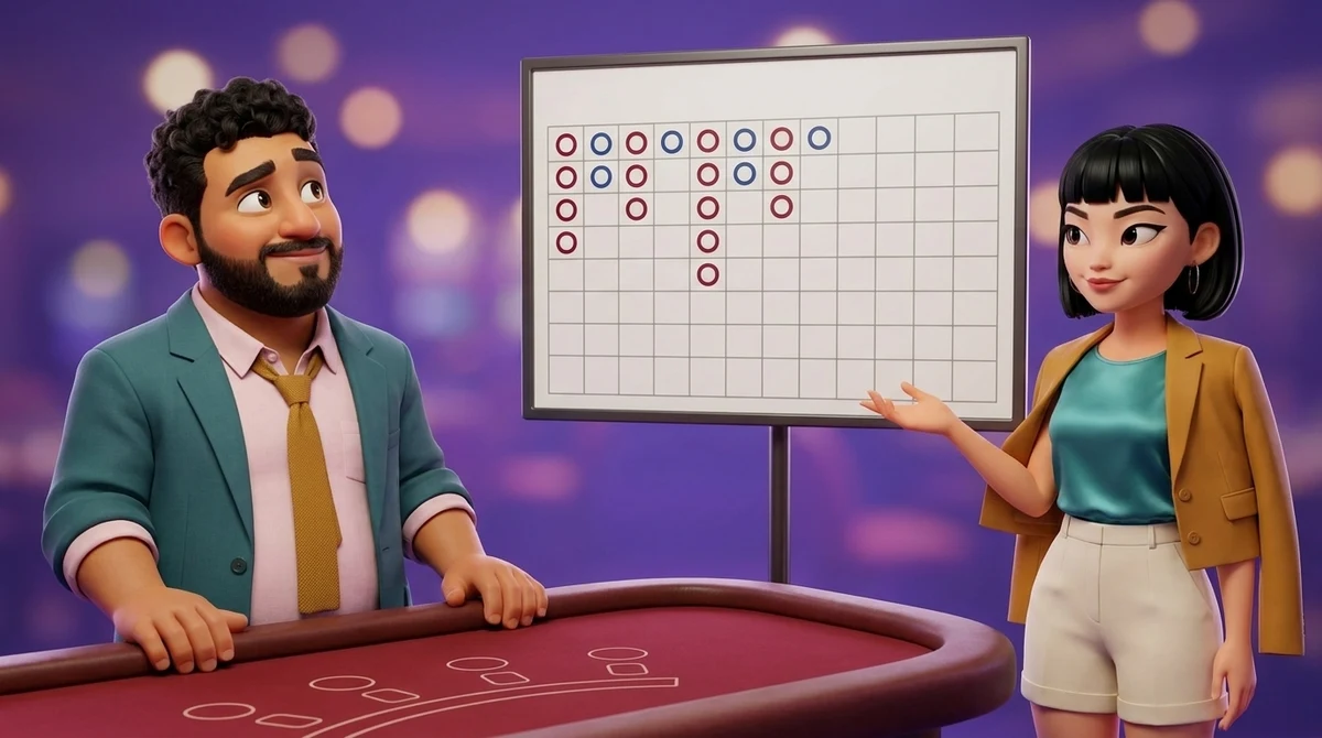 Maya holds an open hand toward a white board beside a baccarat table, its first columns filled with short runs of small red and blue rings for hands already played and the rest of the grid empty, while Leo, at the rail, looks up at the empty part.