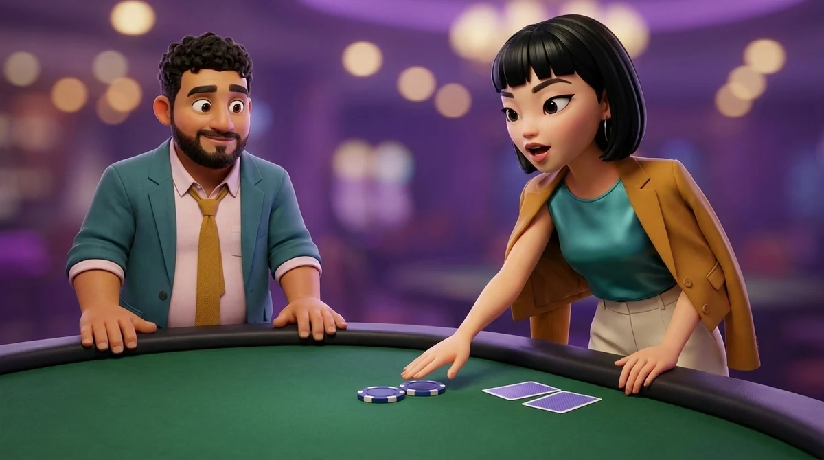 Maya pushes two chips forward together across the felt of a poker table in one smooth motion, speaking as she does, her two cards face down in front of her, while Leo watches from the dealer’s place with both hands flat on the felt.