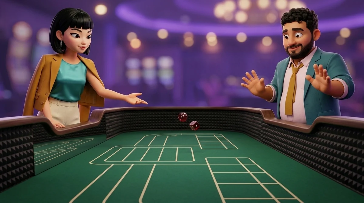 Maya, at the end of a craps table, follows two dice tumbling through the air toward the far wall after a one-handed throw, while Leo raises both hands well away from the table.