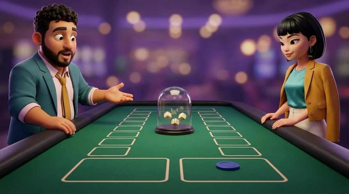 Leo holds an open hand toward three dice tumbling under a clear dome in the middle of a dice table, while Maya watches the dome from the rail, one chip in the large box in front of her.