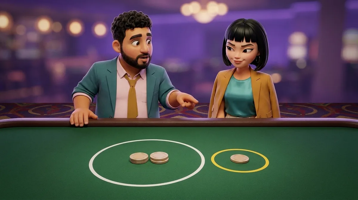 Leo points at a smaller marked circle holding one chip beside a betting circle holding two chips, while Maya watches from the rail across bare green felt with no cards dealt.