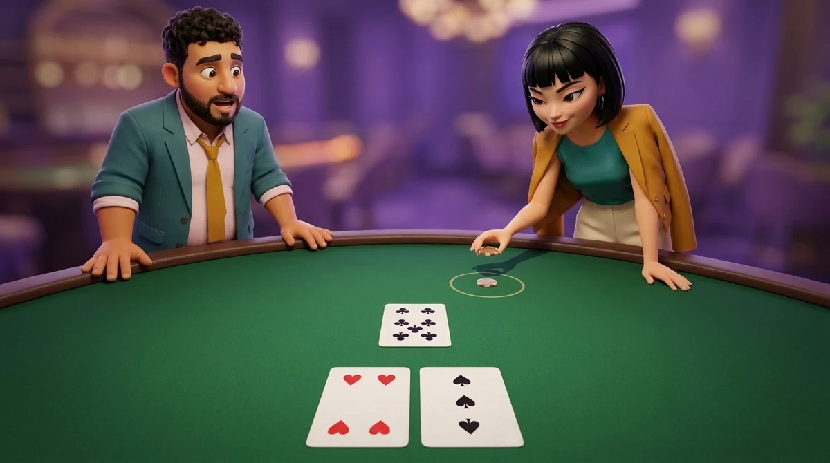 Maya leans over a blackjack table and holds one chip between her fingers just above the betting circle, where a chip already lies, while Leo watches from the rail; her two cards and the dealer’s card are on the felt in front of them.