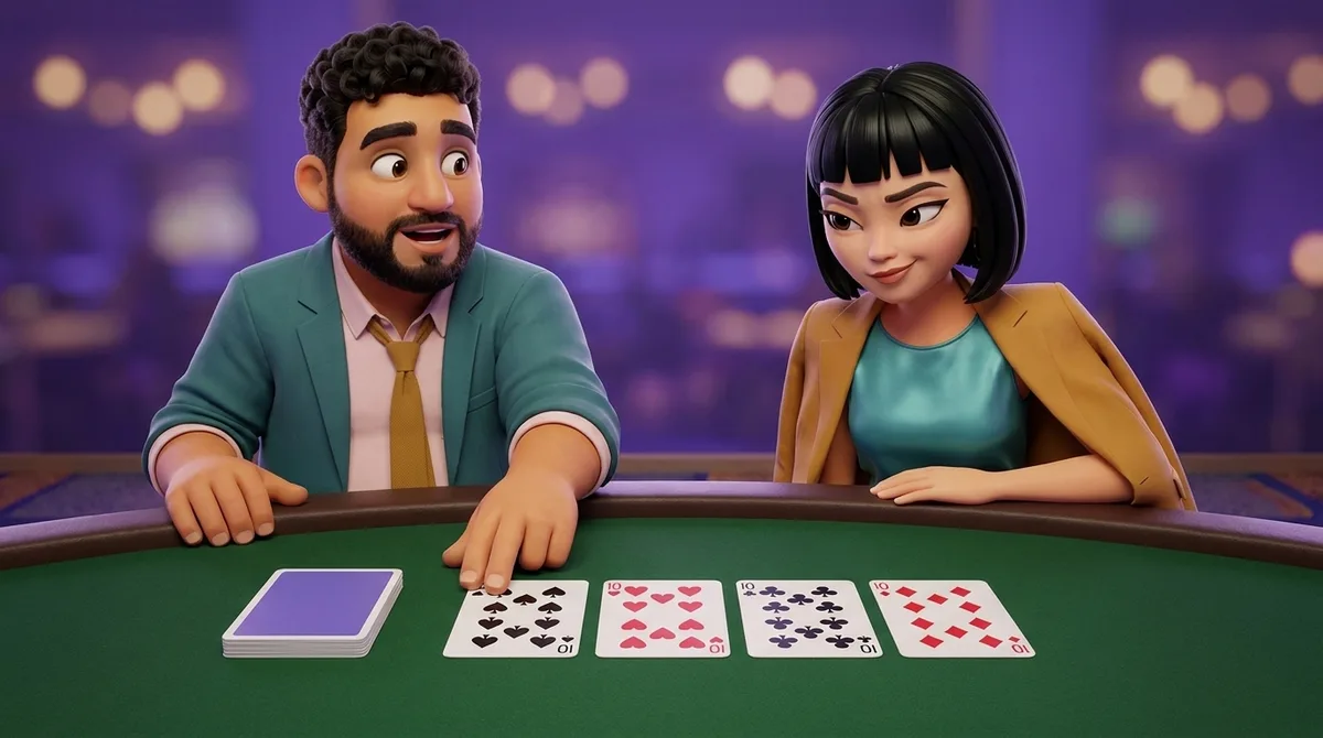 Leo touches the edge of the first of four cards laid in a row apart from a face-down deck on the felt, each of the four carrying ten pips in spades, hearts, clubs and diamonds, while Maya reads the row from the rail beside him.