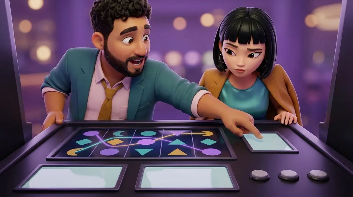 Leo rests a fingertip on the smallest of three blank readout panes on the bet panel of a slot machine while Maya leans in from the other side and looks at the same pane, and the reel window above them holds five columns of plain shapes crossed by three lit line paths.