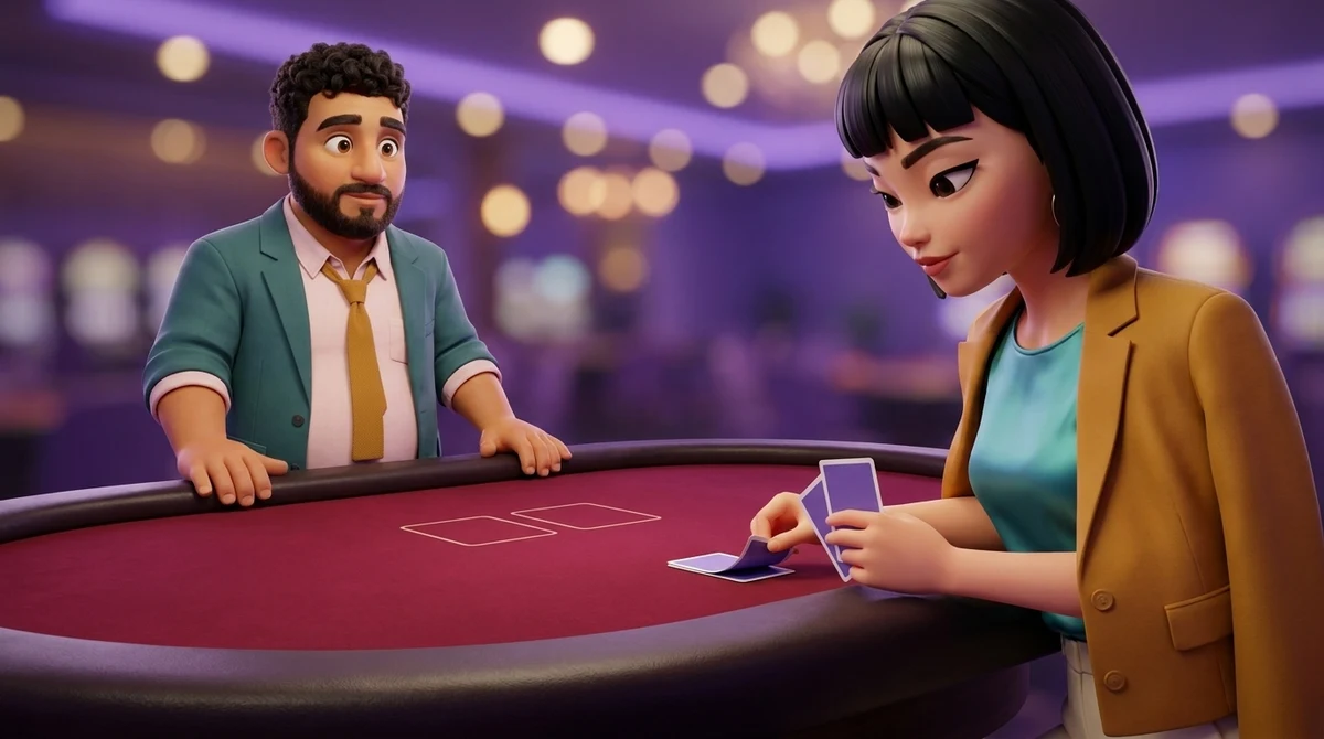 At a big baccarat table, Maya holds the two cards of a hand low over the felt and lifts one corner gently with her thumb, the cards whole and their faces hidden, while Leo watches from the dealer’s place across the table.