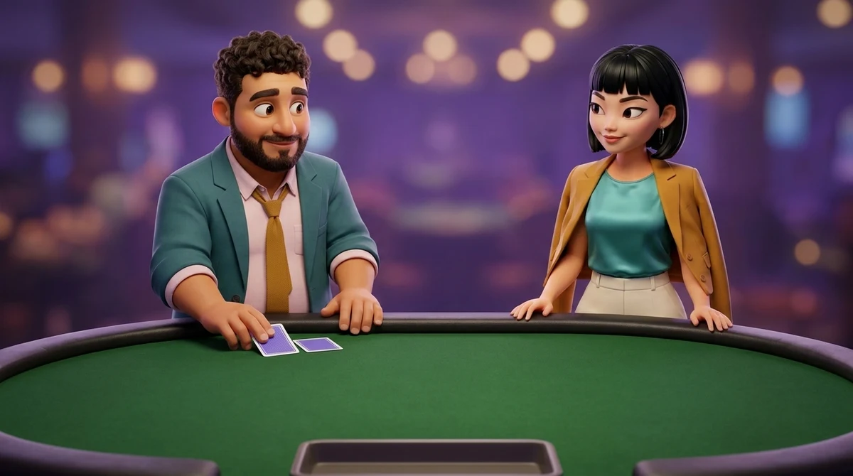 Leo, at the rail of a poker table, lifts the corners of his two face-down cards with his thumb to look at his starting hand before any shared card is dealt, while Maya watches beside him with a relaxed smile.