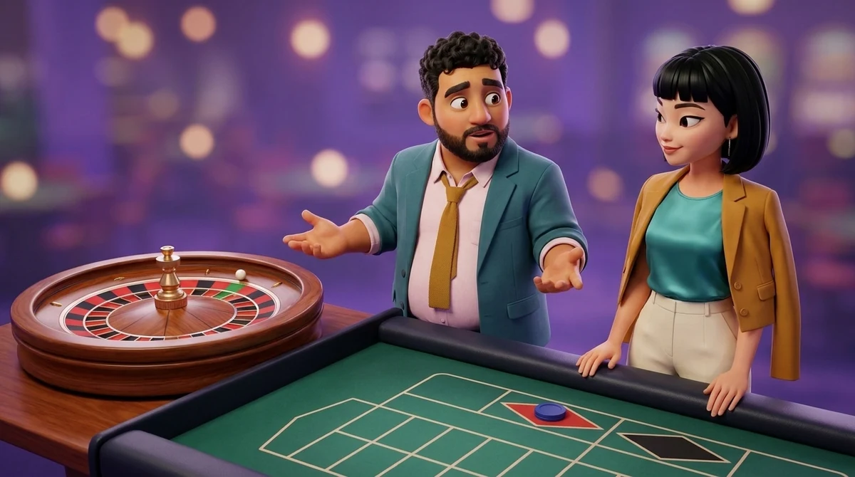 Beside a roulette wheel with the ball still running, Leo holds both palms up at different heights like the two pans of a balance, while Maya watches the ball from the rail, one chip on the red box of the layout in front of her.