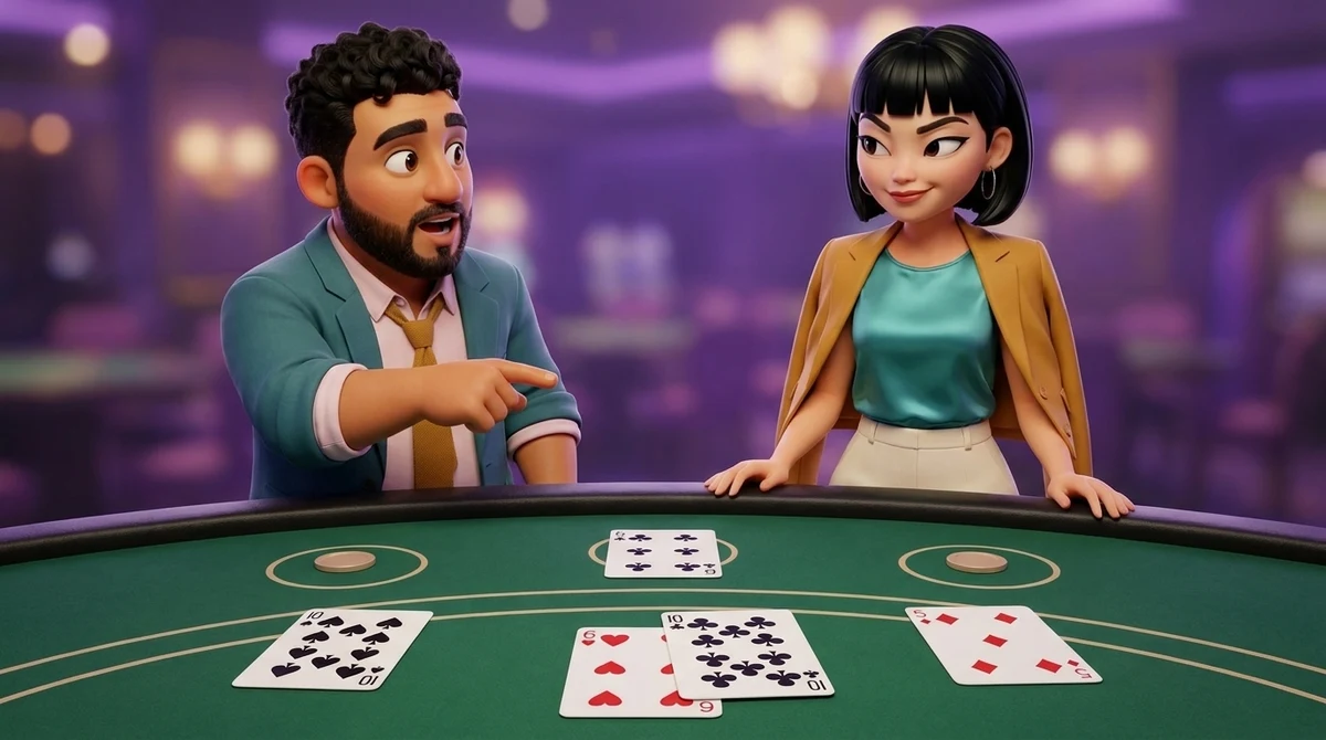 Leo points at two cards sliding past each other between two blackjack hands — a six of hearts leaving the left hand and a ten of clubs leaving the right — while Maya looks across at the dealer’s six of clubs; each hand sits behind its own betting circle with one chip.
