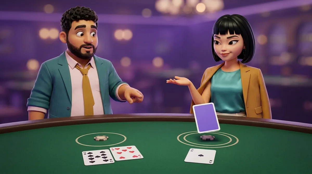 Two betting circles on the green felt hold one chip each, a nine of spades and a seven of hearts lie in front of the left one, the right one is ringed twice with a card hanging back up in the air above it, the dealer shows a single ace of spades, and Leo points down at the double ring while Maya holds an open palm toward the card in the air.