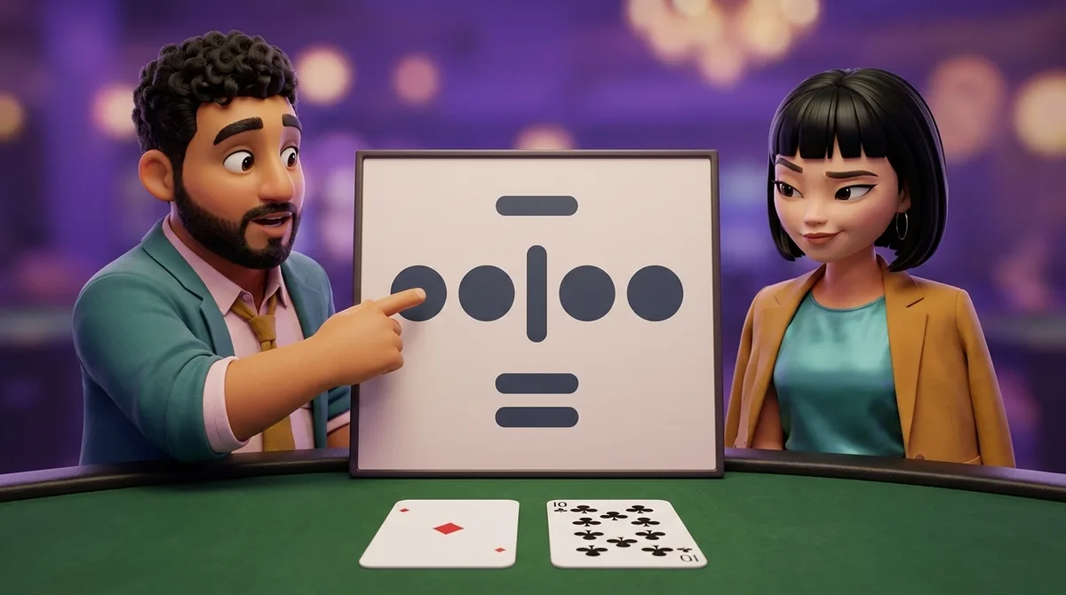 Leo touches the middle row of a small sign standing on the corner of a green table — three filled discs, an upright stroke, then two more discs — while Maya reads the sign from the other side, with one card carrying a single diamond and another carrying ten clubs lying face up on the felt below.