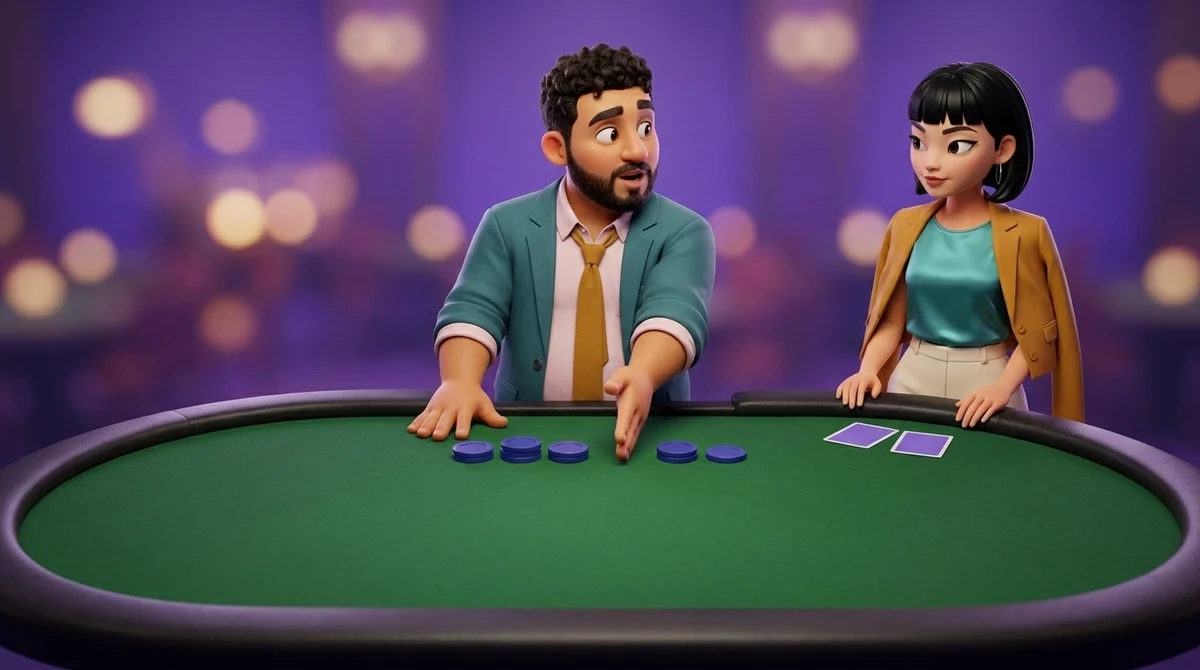 Leo, in the dealer’s place behind a poker table, keeps two groups of chips apart with the edge of his hand, three in one and two in the other, while Maya, her two cards face down in front of her, watches from the rail.
