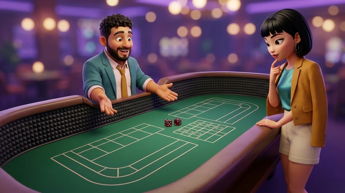 Leo stands behind an empty craps table in the dealer’s place and holds both palms out over the layout, its areas only pale empty outlines, while Maya, a finger on her chin, looks along it from the near rail.
