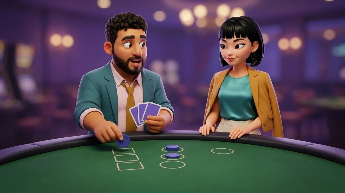 Leo, his three cards held face down over the felt, sets a second chip into the square nearest the rail, matching the chip already in the circle beyond it, while Maya watches from the rail beside him.
