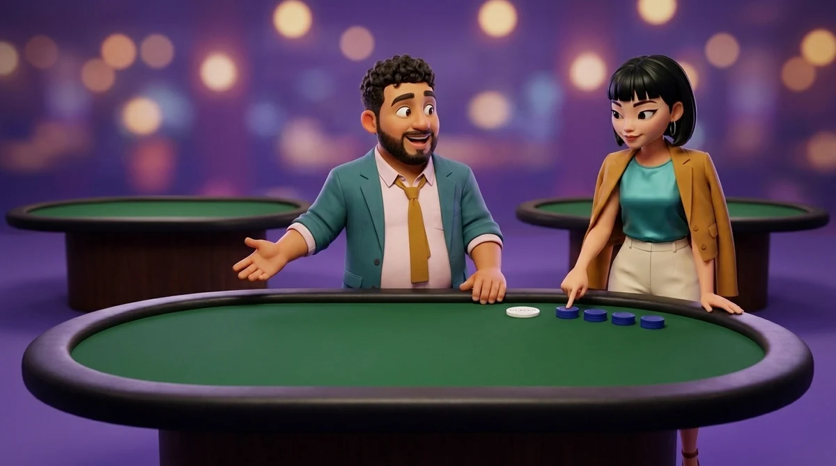 Leo, in the dealer’s place, sweeps an open hand round an oval poker table to trace one round of the button, while Maya, the plain white button beside her, counts a row of four chips with a fingertip; two more empty tables stand blurred behind.