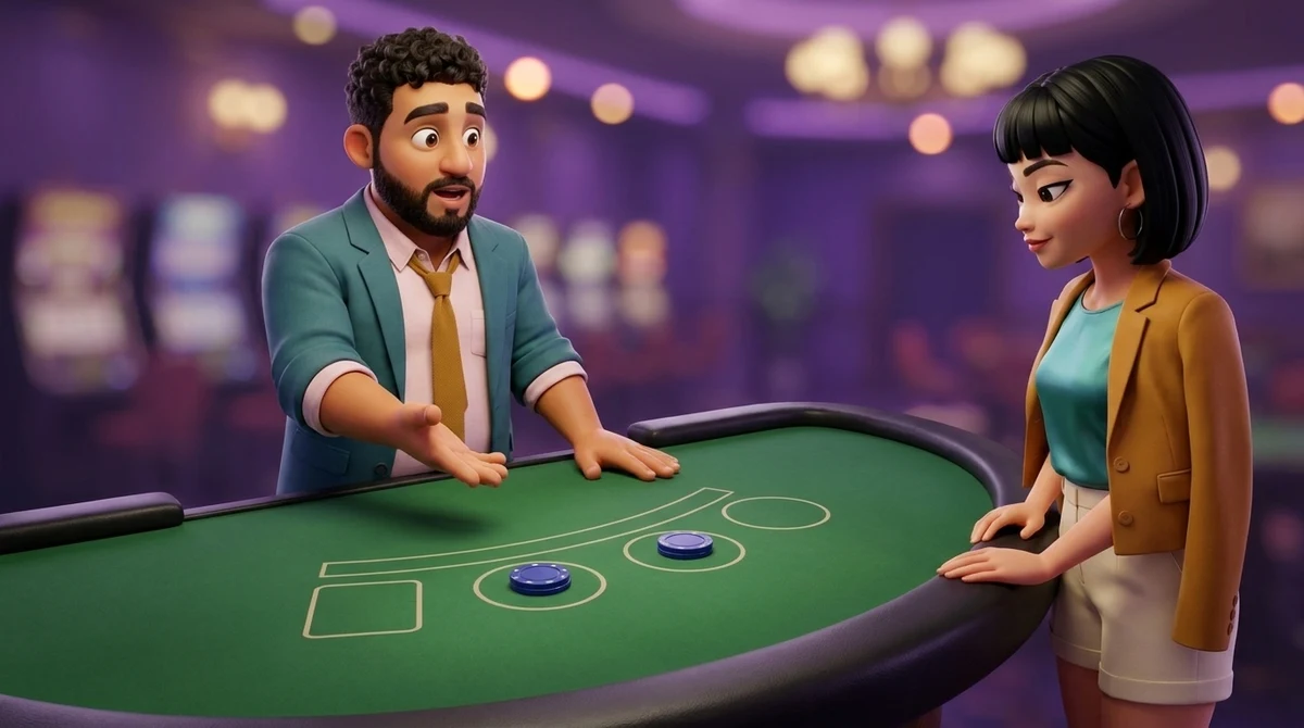 Leo, in the dealer’s place, holds an open palm toward two equal chips lying side by side in two circles in front of Maya’s seat, the square and the smaller circle beside them empty and no cards dealt yet.