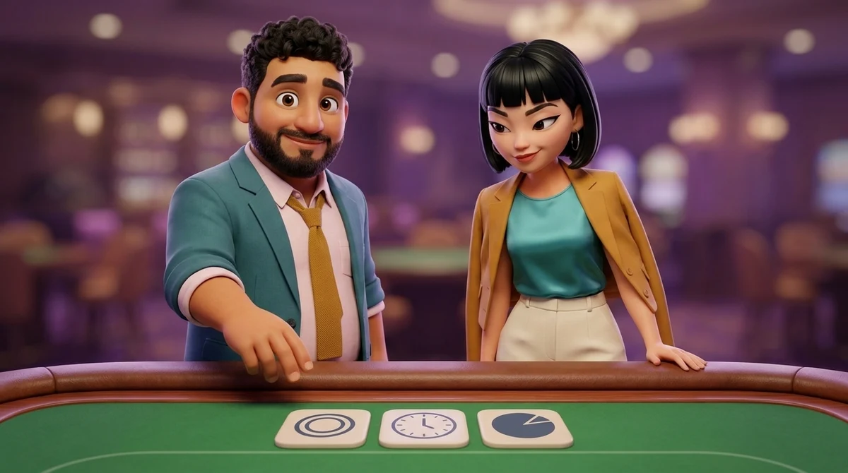 Leo and Maya stand at the rail beside three small tiles laid out on the empty cloth: a plain ring, a clock face with no numerals, and a circle with one narrow wedge cut out of it.