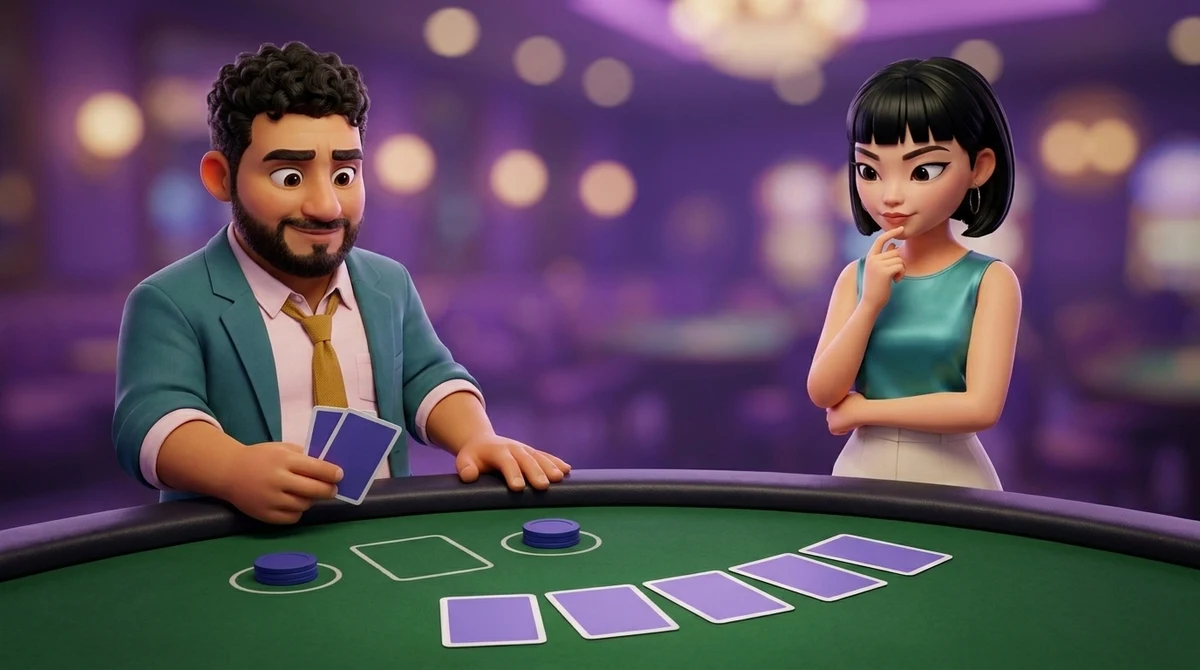 Leo holds his two cards face down over the felt and considers the empty square in front of his seat, his two equal chips in their circles, while Maya, a finger on her chin, looks at five face-down cards fanned in front of the dealer’s empty place.