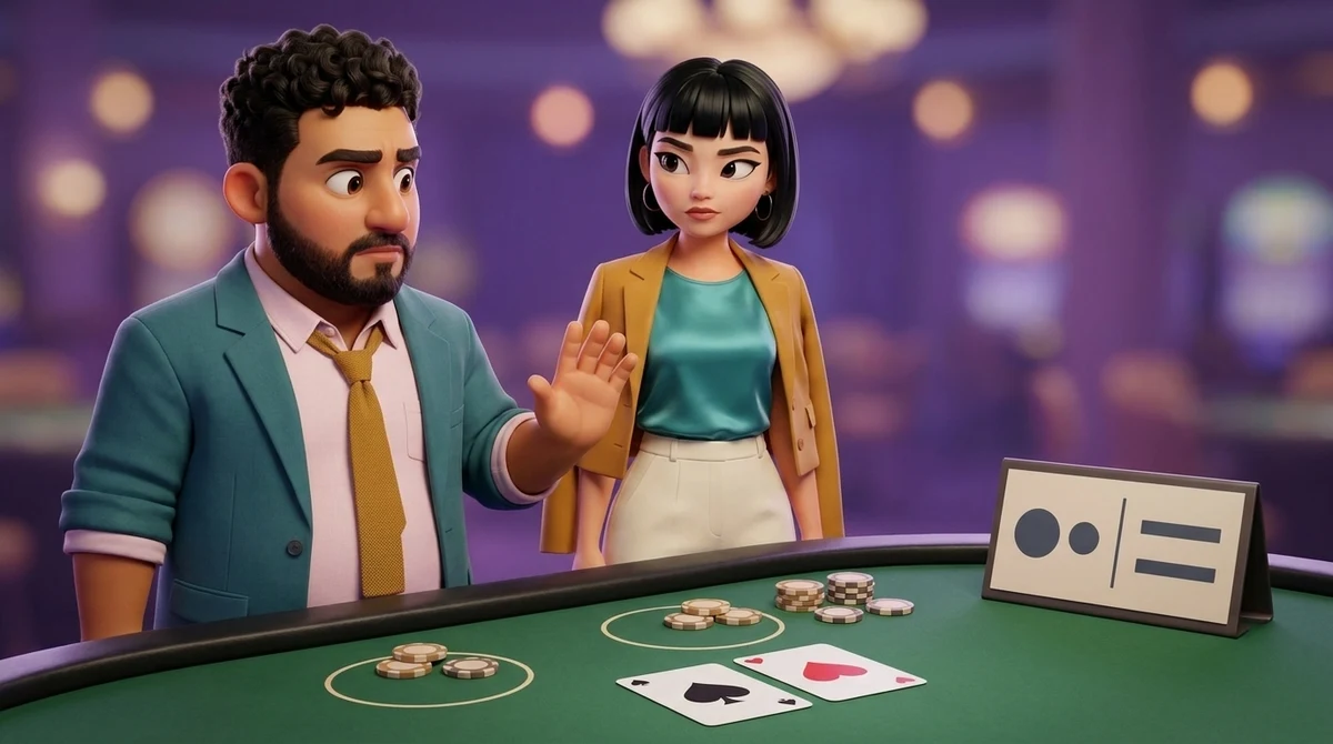 Leo raises an open palm to ask a question over a finished hand while Maya looks at the small table sign beside them — two unequal circles, a dividing rule and two bars — with two cards face up on the felt and two uneven groups of chips beside them.