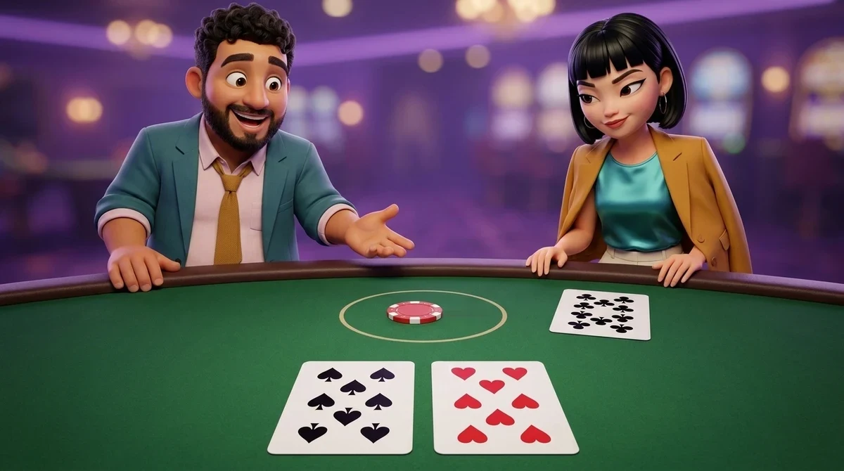 Leo holds an open palm over a pair of eights lying face up on the felt while Maya looks across at the dealer’s ten of clubs; one chip sits in the betting circle between them.