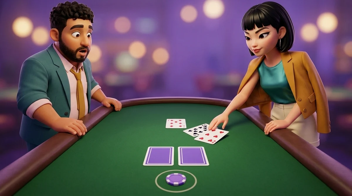 Maya slides a ten of spades and a six of hearts away across the felt while two new cards lie face down in front of the seat in their place; Leo watches from the rail, one chip sits in the betting circle, and the dealer shows a seven of diamonds.