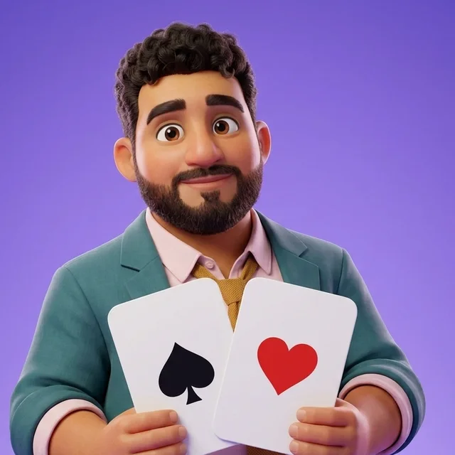 Leo holding two playing cards face out, one showing a spade and one a heart, with no ranks on them.
