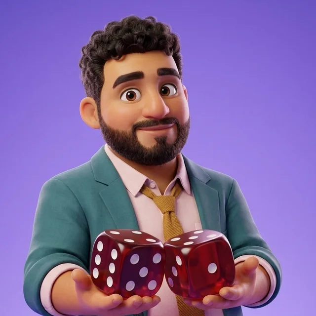 Leo holding two red dice resting on his open hands, before any roll.