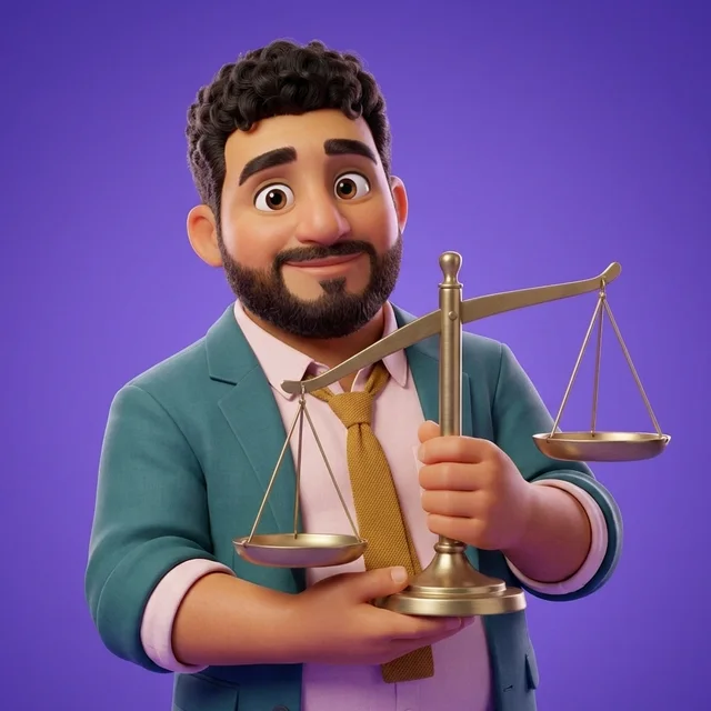 Leo holding a small brass balance scale with both pans empty, the beam tipped to one side.
