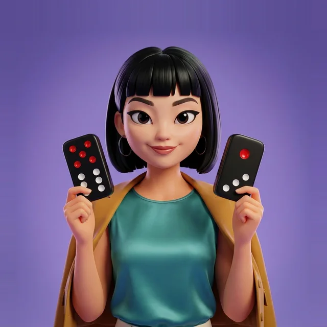 Maya holding up two black domino-style gaming tiles, one in each hand, marked with red and white pips.