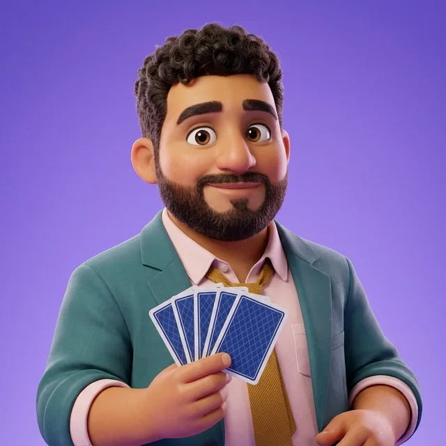 Leo holding a fan of five playing cards with their backs towards you, so no hand is shown.