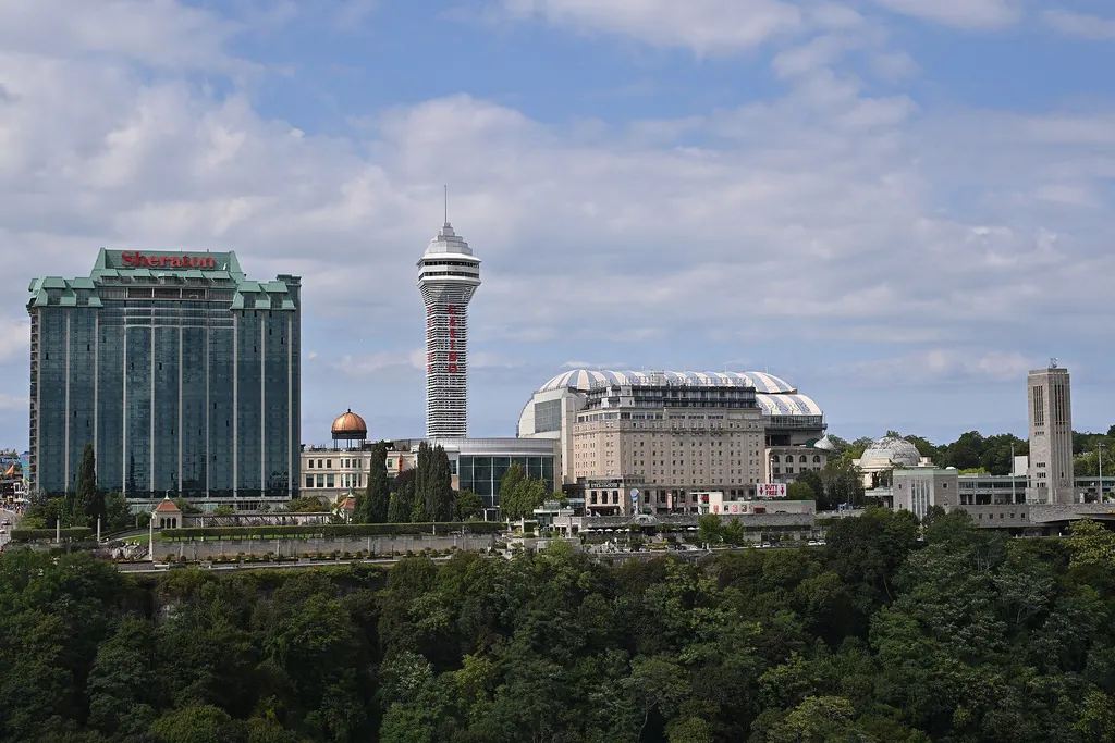 Casino Niagara tower on the Niagara Falls, Ontario skyline, viewed from across the gorge — Casino Niagara