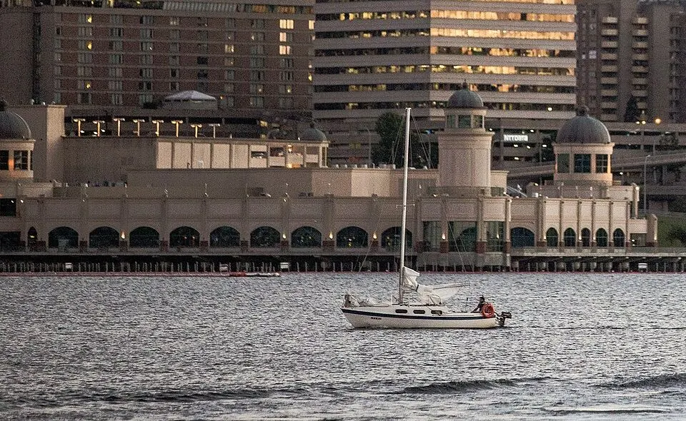 Casino Nova Scotia's arcaded waterfront frontage, seen from across Halifax Harbour at dusk. — Casino Nova Scotia Halifax