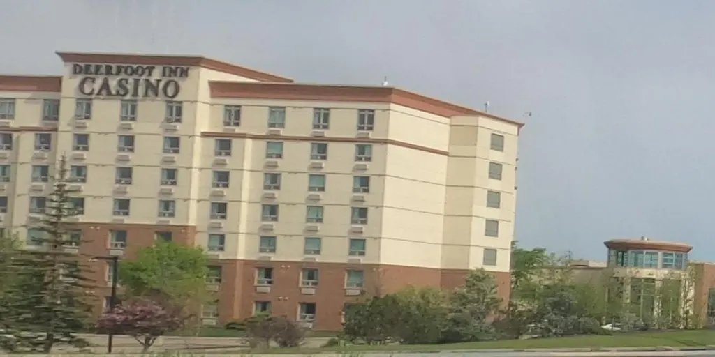 The Deerfoot Inn & Casino hotel tower seen from the road — Deerfoot Inn & Casino