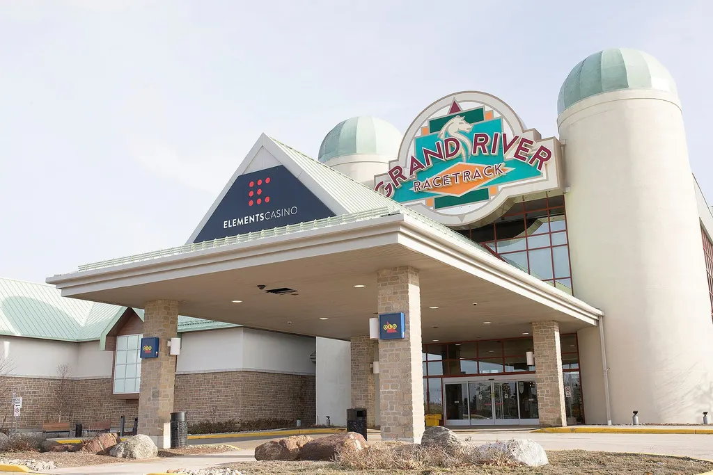 Entrance canopy of Elements Casino Grand River with the Grand River Racetrack sign, Elora, Ontario — Elements Casino Grand River