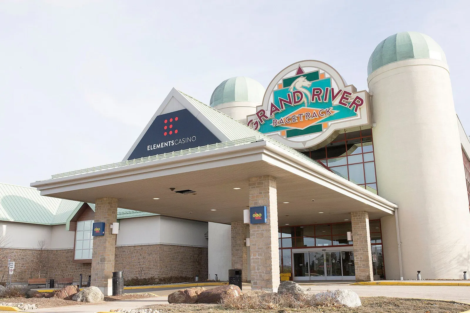 Entrance canopy of Elements Casino Grand River with the Grand River Racetrack sign, Elora, Ontario — Elements Casino Grand River