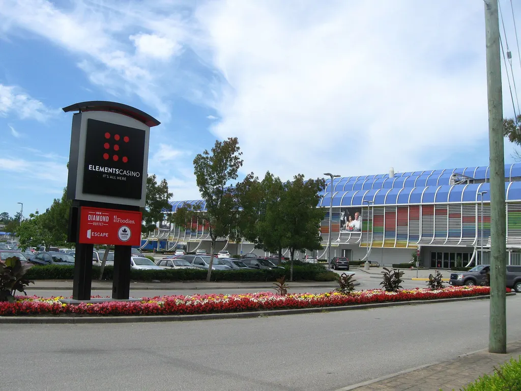 Freestanding entrance sign and the main building of Elements Casino Surrey, seen from the approach road — Elements Casino Surrey