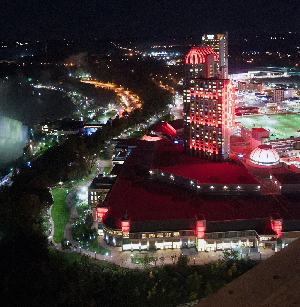 Fallsview Casino Resort lit red at night, seen from the Skylon Tower — Fallsview Casino Resort