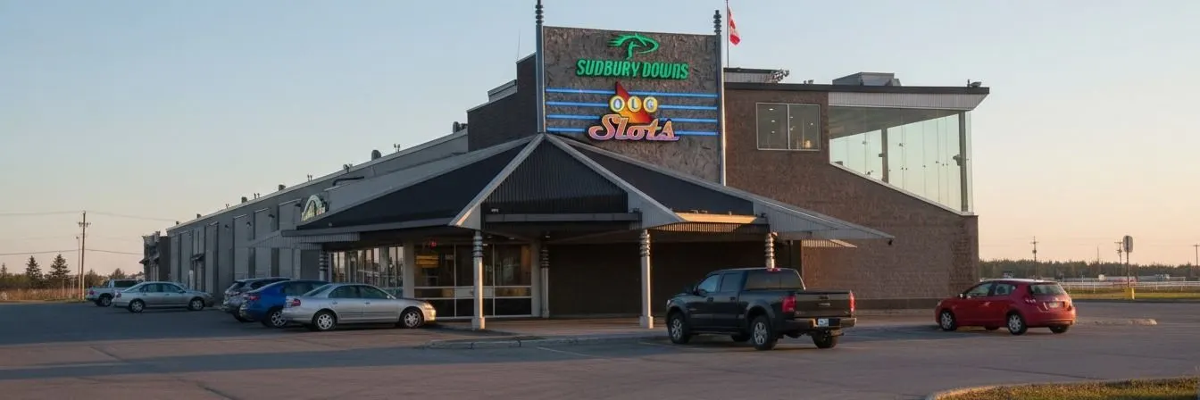 The Sudbury Downs building with its earlier Sudbury Downs Slots sign — Gateway Casinos Sudbury