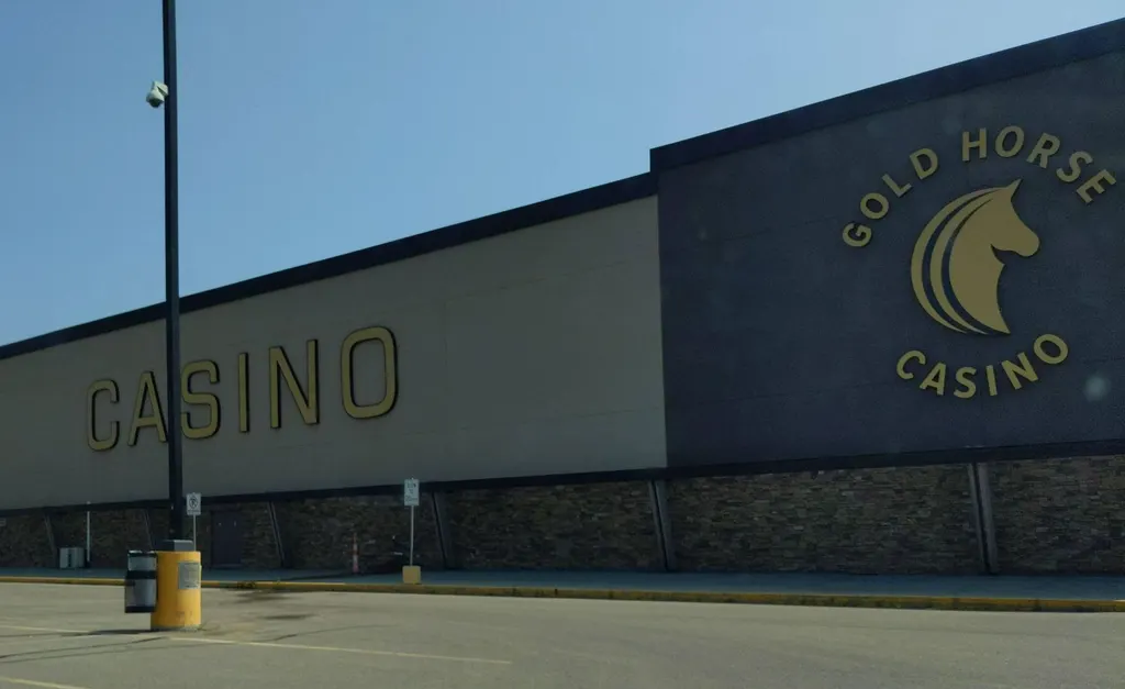 The facade of Gold Horse Casino with its horse-head sign — Gold Horse Casino